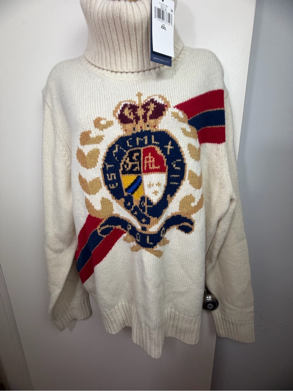 Polo Ralph Lauren CreamRed Intarsia Crest Wool Preppy Turtleneck Sweater XXL NWT - Picture 6 of 16